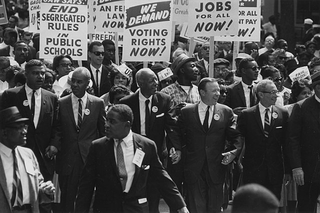 Civil rights leaders protesting racial segregation, discrimination, and disenfranchisement during the 1963 March on Washington.