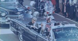 President Kennedy in the limousine in Dallas, Texas, on Main Street, minutes before the assassination. Also in the presidential limousine are Jackie Kennedy, Texas Governor John Connally, and his wife, Nellie.