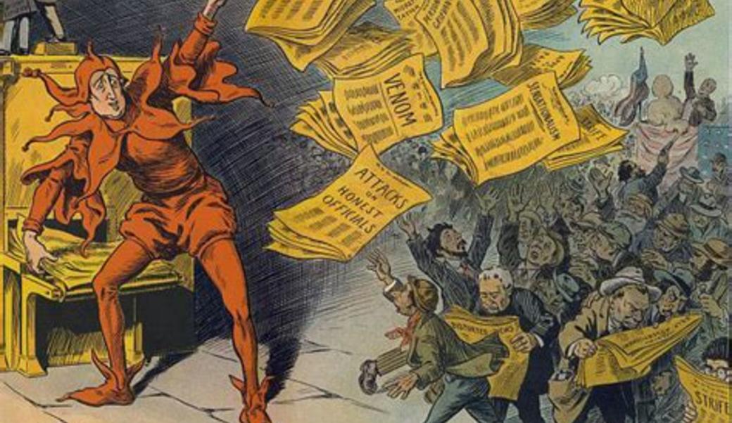 a man dressed in red spreading yellow flyers - yellow journalism