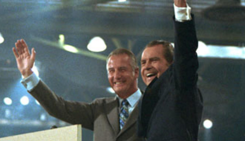 Spiro Agnew and Richard Nixon waving