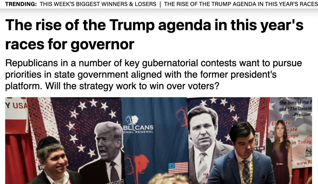 Posters of former President Donald Trump and Florida Gov. Ron DeSantis during the first day of the Conservative Political Action Conference (CPAC) on Thursday, Feb. 24, 2022 in Orlando, FL..
