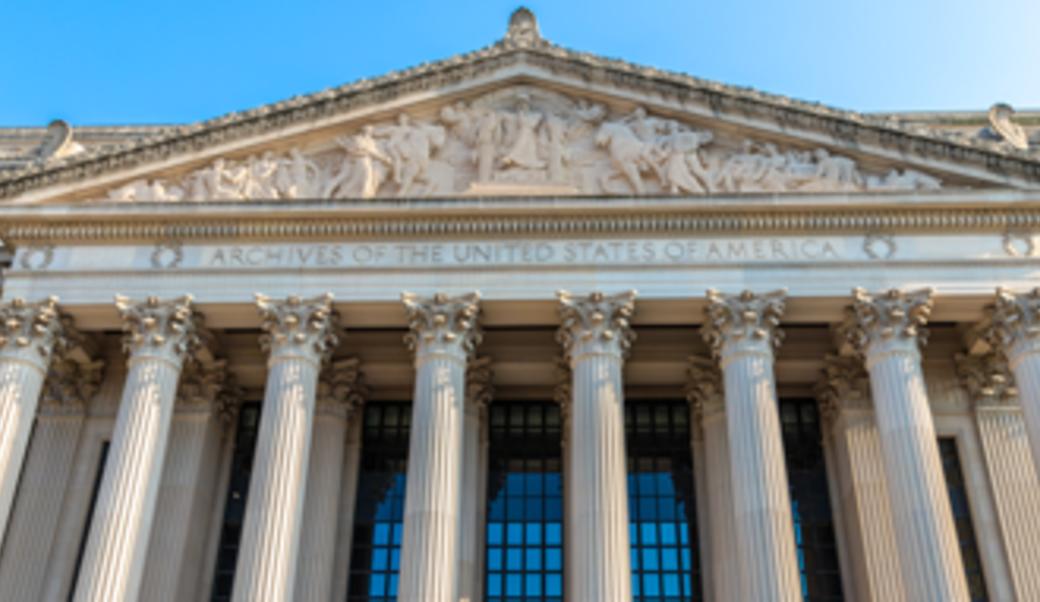 Front facade of the Nationa Archives building