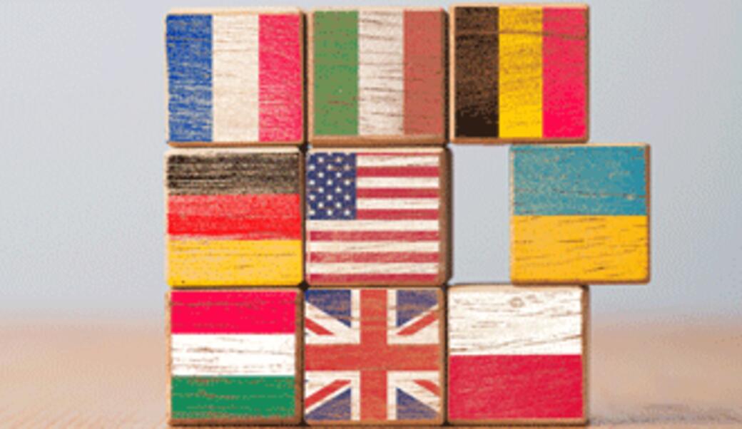 international flags painted on wooden blocks